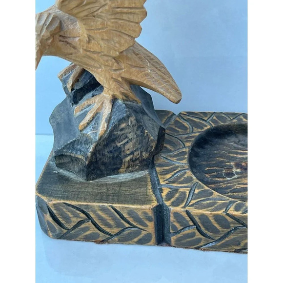 Vintage Wooden Eagle Hand Carved Bird Cigarette Ashtray Figure Brown 4"x 7.5" - Picture 9 of 16
